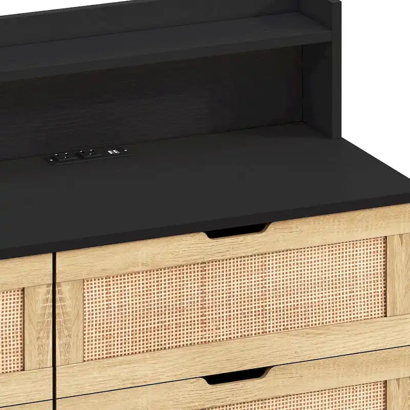 Armoire de rangement d'appoint 6 tiroirs en rotin avec lumières LED et prise de courant