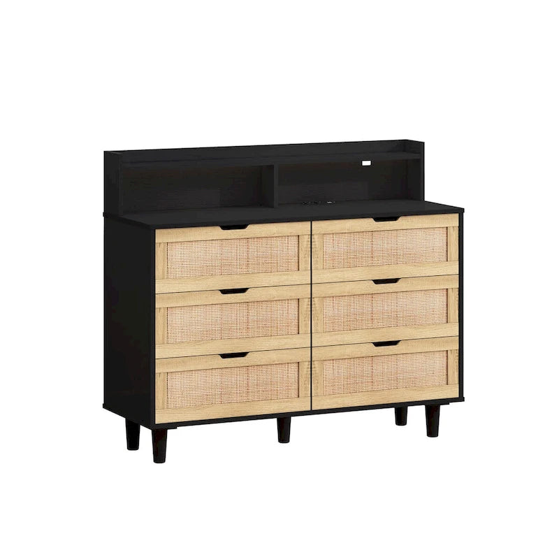 Armoire de rangement d'appoint 6 tiroirs en rotin avec lumières LED et prise de courant