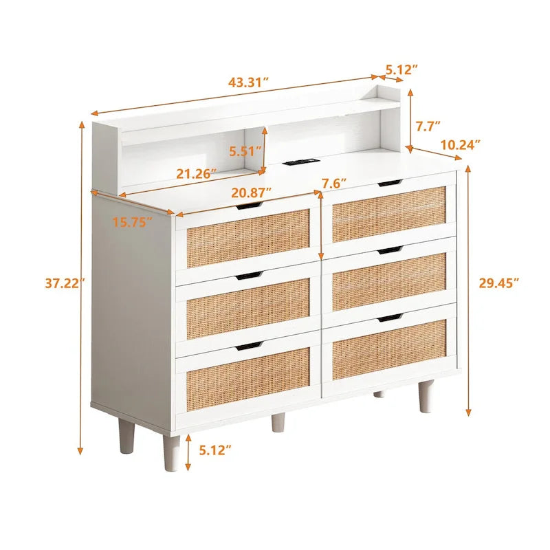 Armoire de rangement d'appoint 6 tiroirs en rotin avec lumières LED et prise de courant