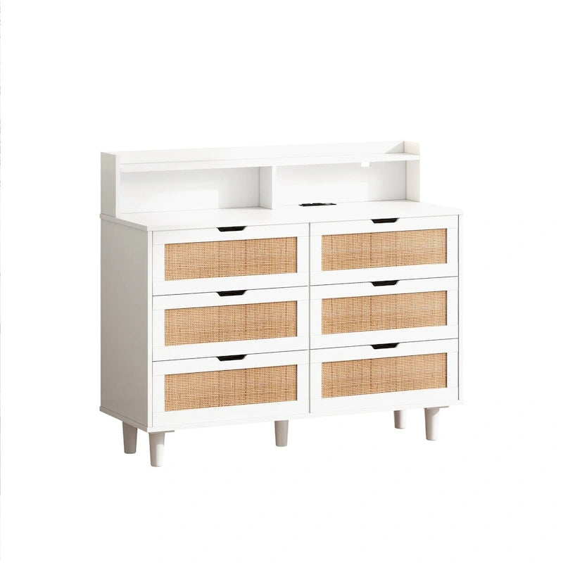 Armoire de rangement d'appoint 6 tiroirs en rotin avec lumières LED et prise de courant