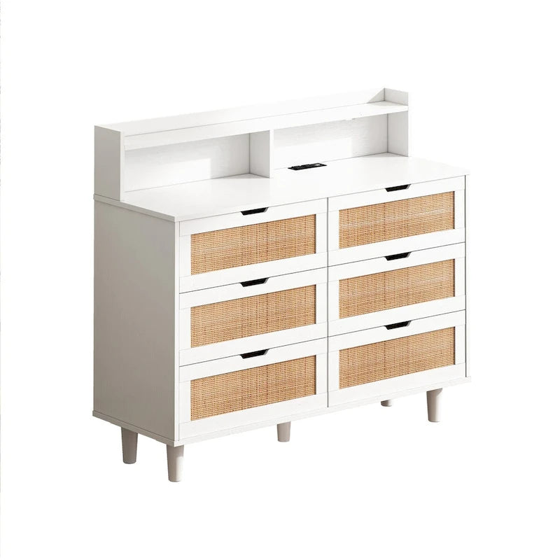 Armoire de rangement d'appoint 6 tiroirs en rotin avec lumières LED et prise de courant