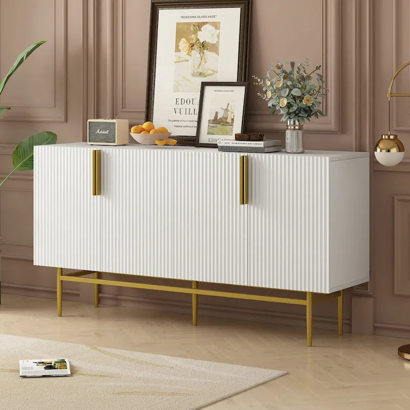 Buffet moderne élégant à 4 portes avec poignées en métal doré pour salle à manger, salon, chambre, couloir