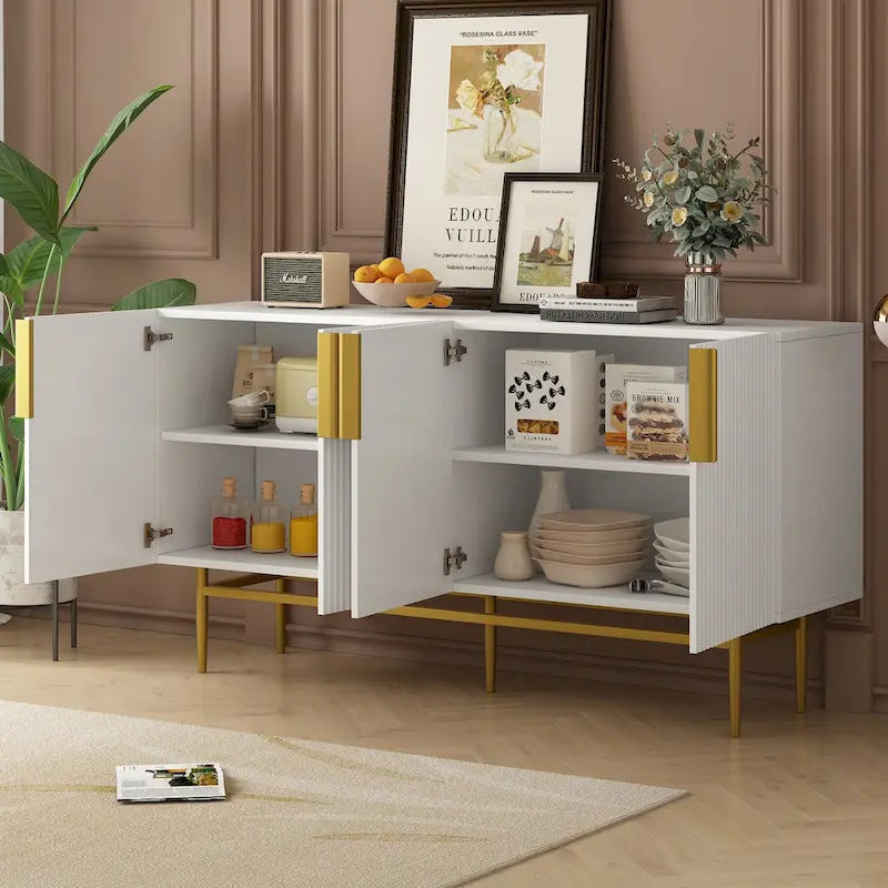 Buffet moderne élégant à 4 portes avec poignées en métal doré pour salle à manger, salon, chambre, couloir