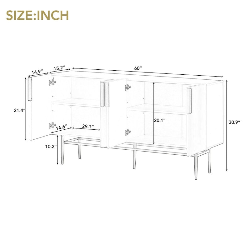 Buffet moderne élégant à 4 portes avec poignées en métal doré pour salle à manger, salon, chambre, couloir