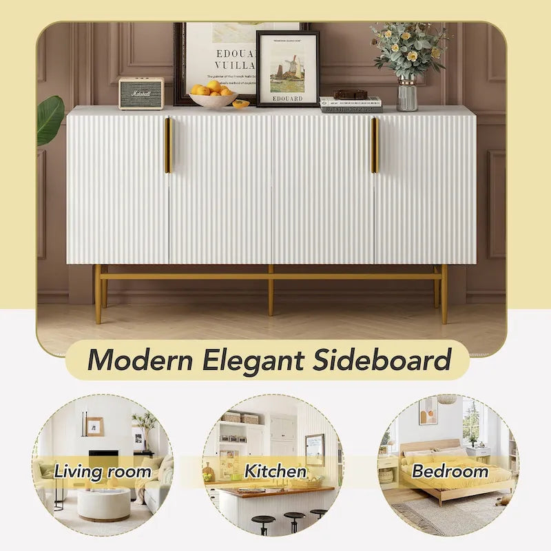 Buffet moderne élégant à 4 portes avec poignées en métal doré pour salle à manger, salon, chambre, couloir