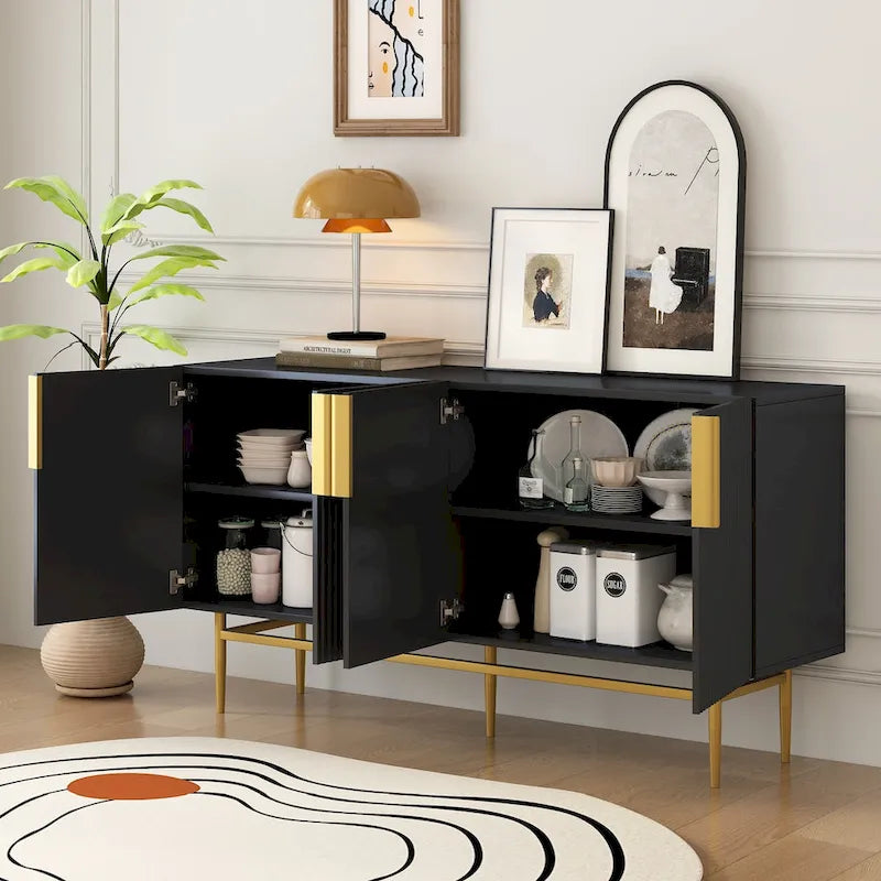 Buffet moderne élégant à 4 portes avec poignées en métal doré pour salle à manger, salon, chambre, couloir