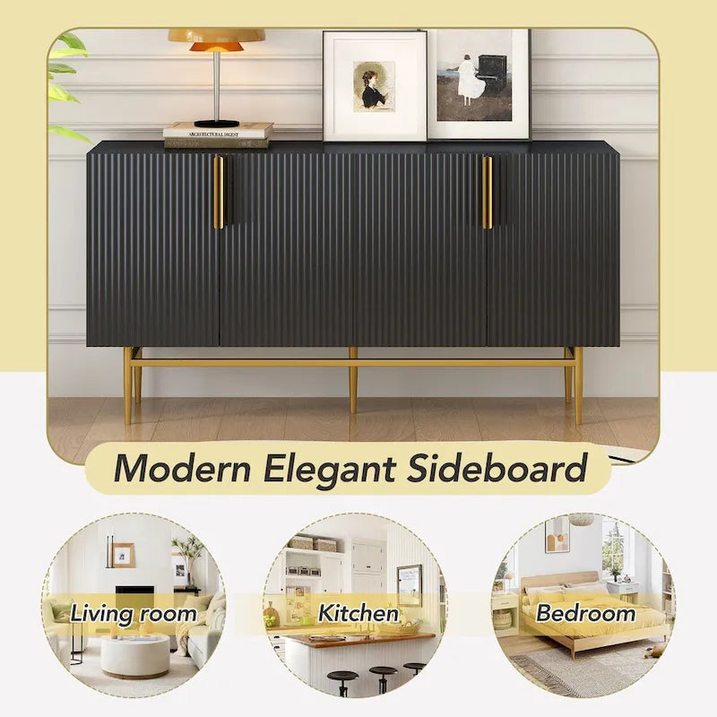 Buffet moderne élégant à 4 portes avec poignées en métal doré pour salle à manger, salon, chambre, couloir