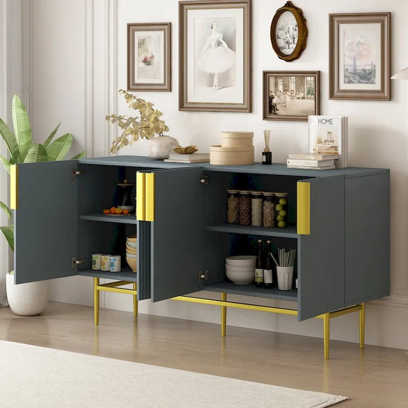 Buffet moderne élégant à 4 portes avec poignées en métal doré pour salle à manger, salon, chambre, couloir