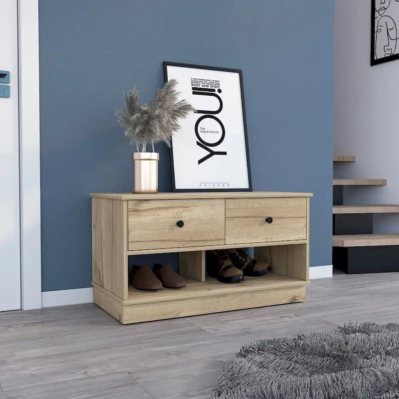 Banc de rangement avec étagère inférieure, deux tiroirs, finition chêne clair, haute qualité et durable