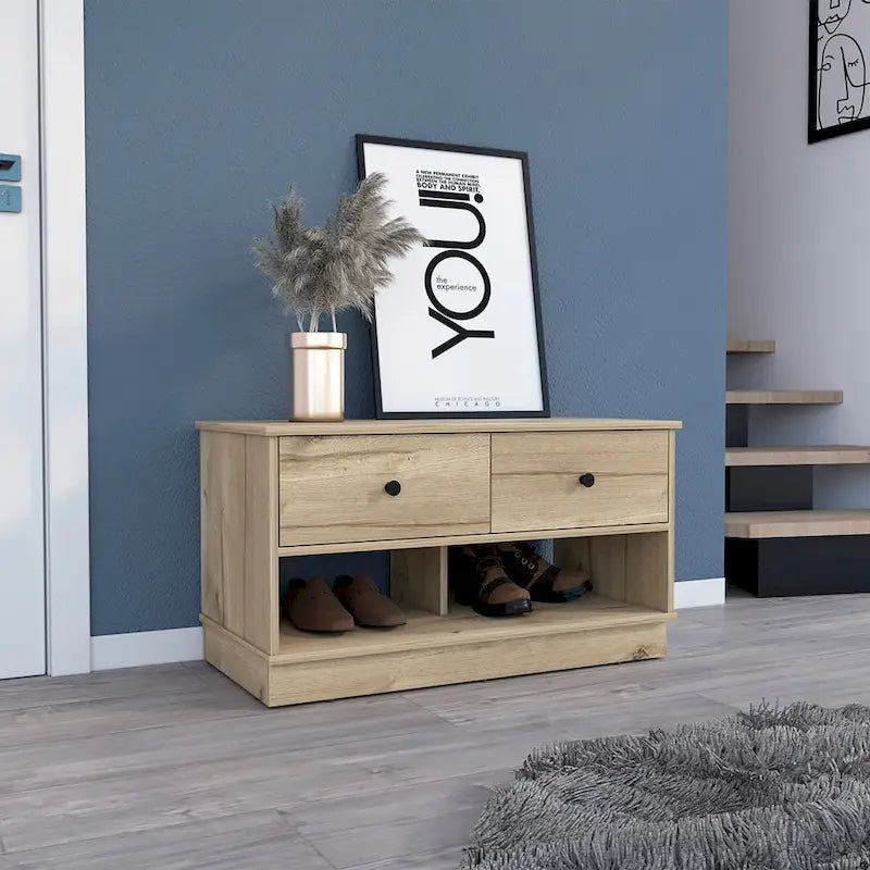 Storage Bench Beji, Lower Shelf, Two Drawers, Light Oak Finish,High quality and durable