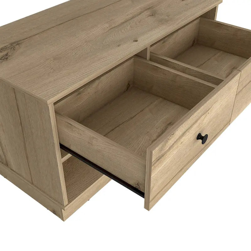 Banc de rangement avec étagère inférieure, deux tiroirs, finition chêne clair, haute qualité et durable
