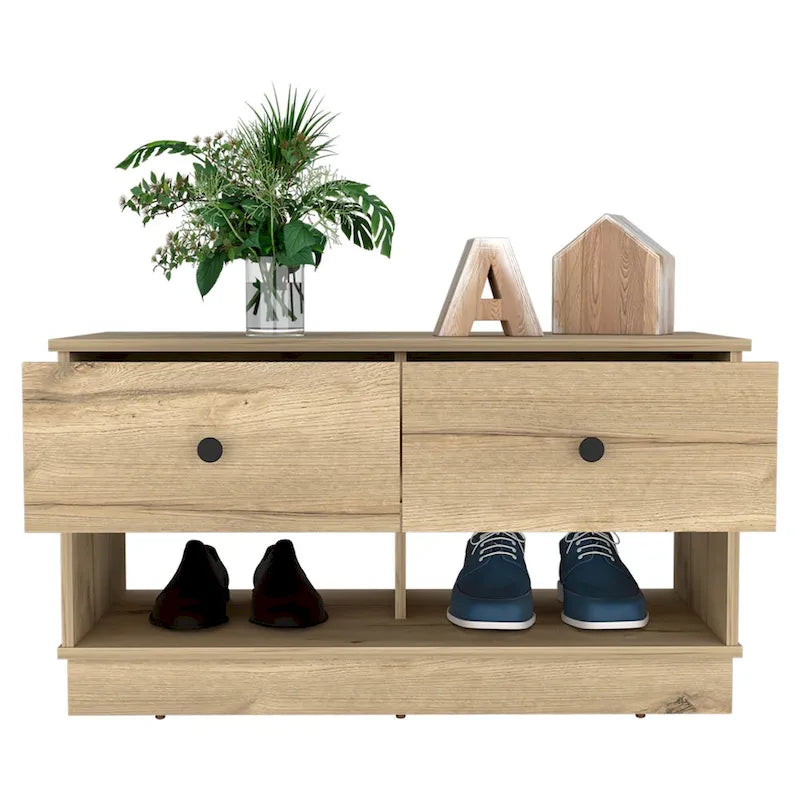 Banc de rangement avec étagère inférieure, deux tiroirs, finition chêne clair, haute qualité et durable