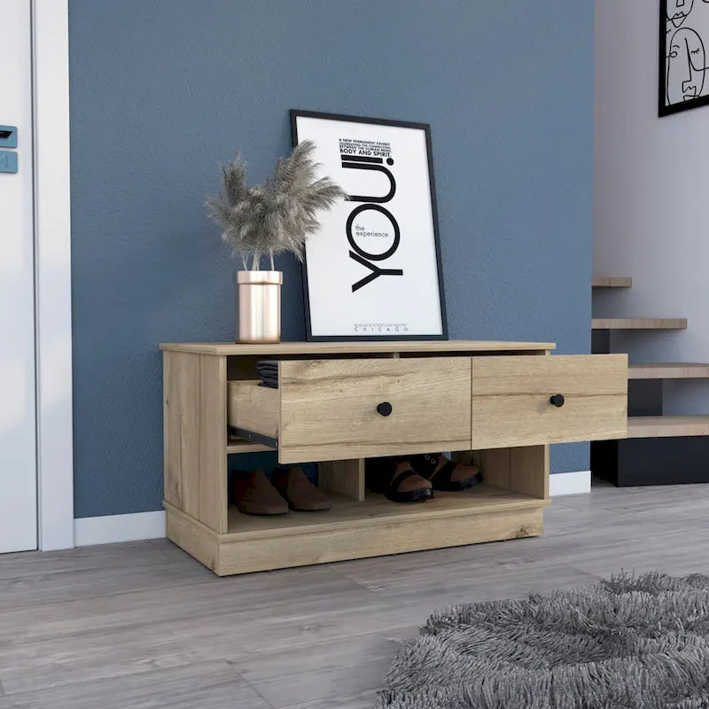 Banc de rangement avec étagère inférieure, deux tiroirs, finition chêne clair, haute qualité et durable