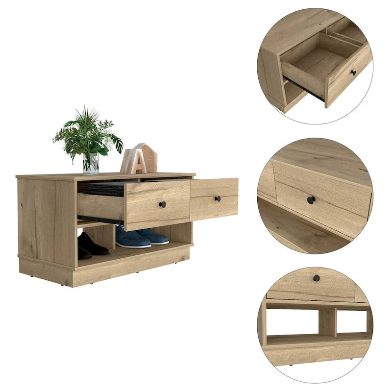 Banc de rangement avec étagère inférieure, deux tiroirs, finition chêne clair, haute qualité et durable