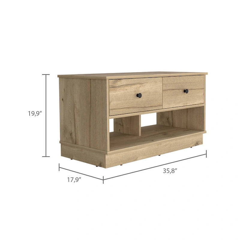 Banc de rangement avec étagère inférieure, deux tiroirs, finition chêne clair, haute qualité et durable