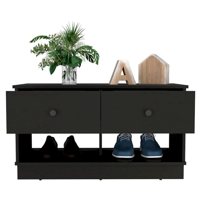 Banc de rangement avec étagère inférieure, deux tiroirs, finition chêne clair, haute qualité et durable
