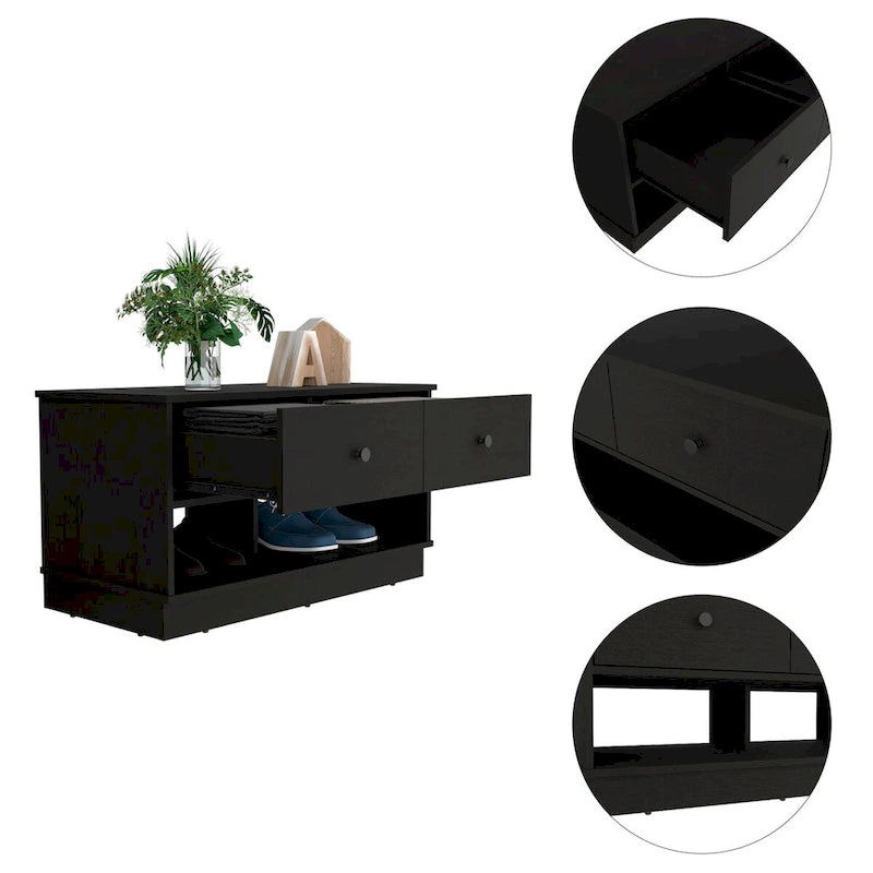 Banc de rangement avec étagère inférieure, deux tiroirs, finition chêne clair, haute qualité et durable