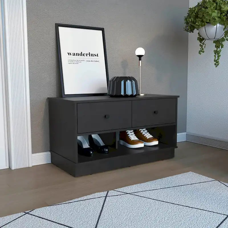 Banc de rangement avec étagère inférieure, deux tiroirs, finition chêne clair, haute qualité et durable