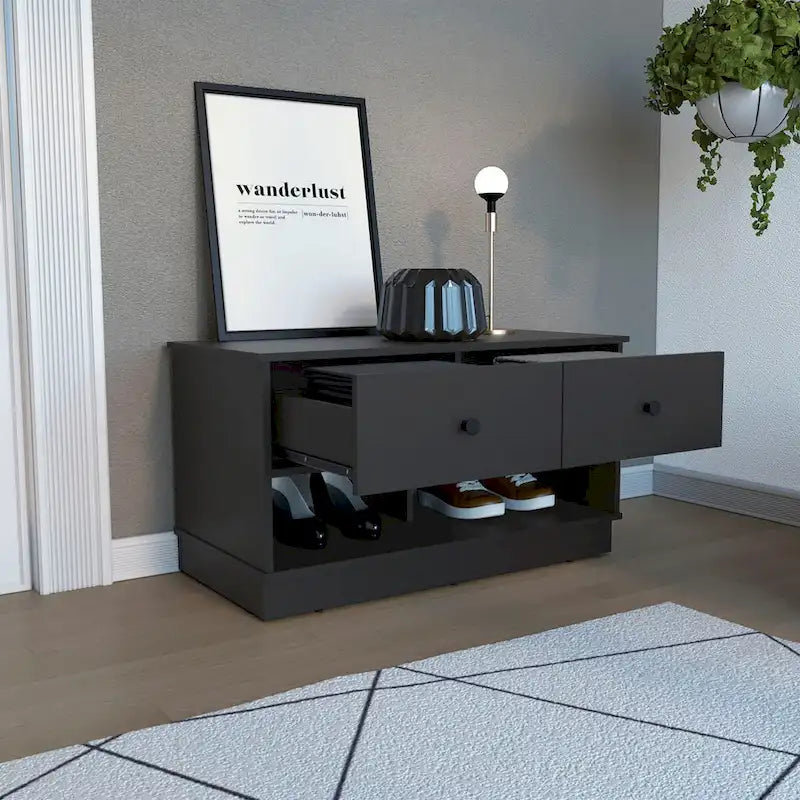Banc de rangement avec étagère inférieure, deux tiroirs, finition chêne clair, haute qualité et durable