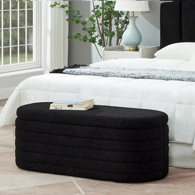 Banc de rangement ottoman ovale moderne, banc de bout de lit rembourré en tissu bouclette Teddy avec rangement, tabouret de bout de lit