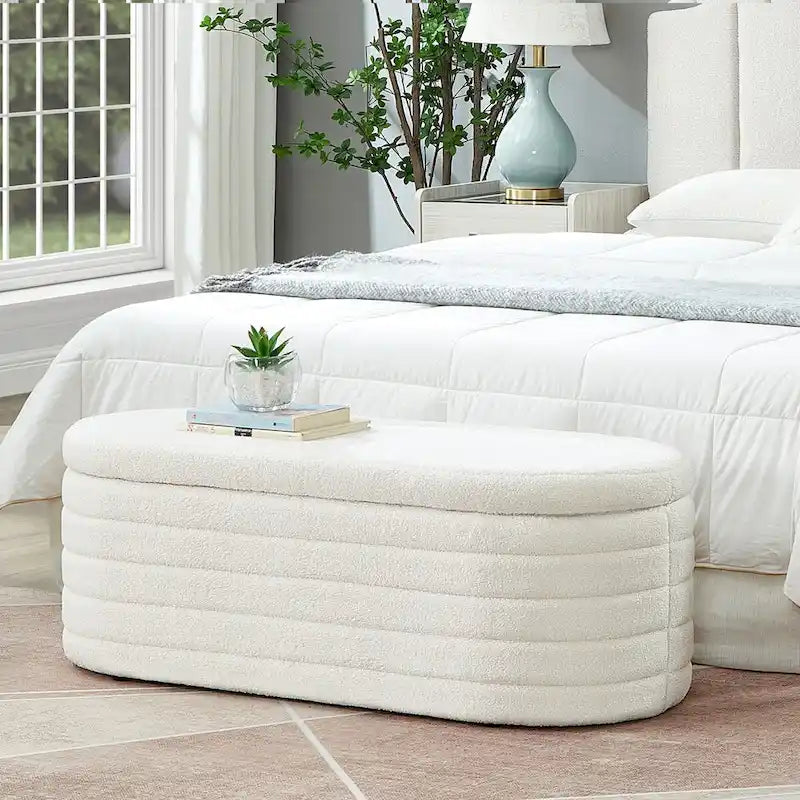 Modern Oval Storage Ottoman Bench,Upholstered Boucle Teddy Fabric End of Bed Bench with Storage,End of Bed Stool