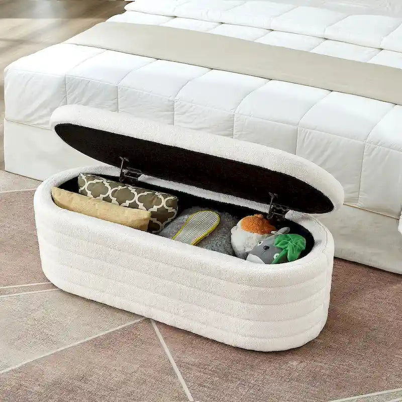 Banc de rangement ottoman ovale moderne, banc de bout de lit rembourré en tissu bouclette Teddy avec rangement, tabouret de bout de lit