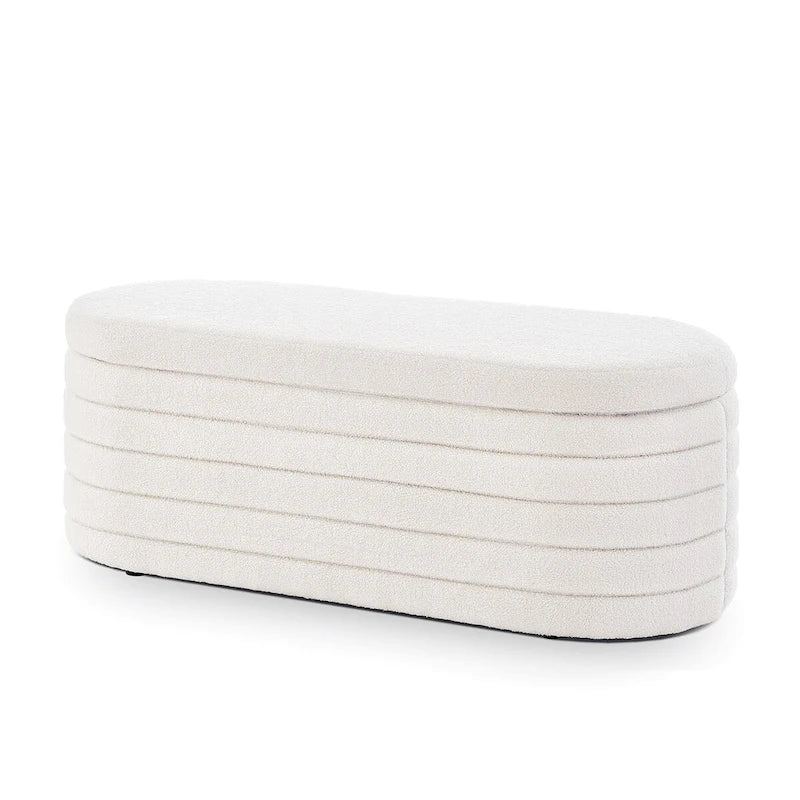 Banc de rangement ottoman ovale moderne, banc de bout de lit rembourré en tissu bouclette Teddy avec rangement, tabouret de bout de lit