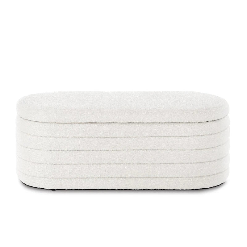 Banc de rangement ottoman ovale moderne, banc de bout de lit rembourré en tissu bouclette Teddy avec rangement, tabouret de bout de lit