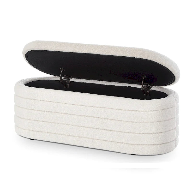 Banc de rangement ottoman ovale moderne, banc de bout de lit rembourré en tissu bouclette Teddy avec rangement, tabouret de bout de lit