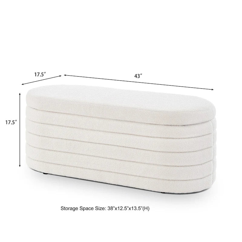 Banc de rangement ottoman ovale moderne, banc de bout de lit rembourré en tissu bouclette Teddy avec rangement, tabouret de bout de lit
