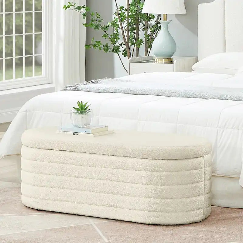 Banc de rangement ottoman ovale moderne, banc de bout de lit rembourré en tissu bouclette Teddy avec rangement, tabouret de bout de lit