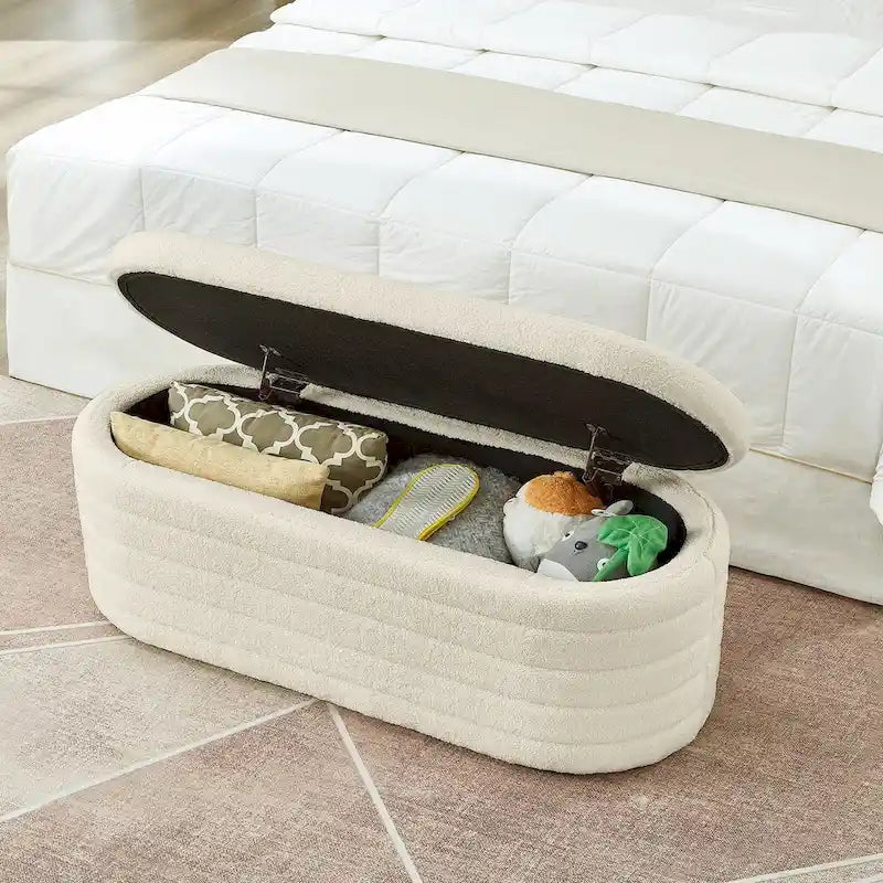 Banc de rangement ottoman ovale moderne, banc de bout de lit rembourré en tissu bouclette Teddy avec rangement, tabouret de bout de lit