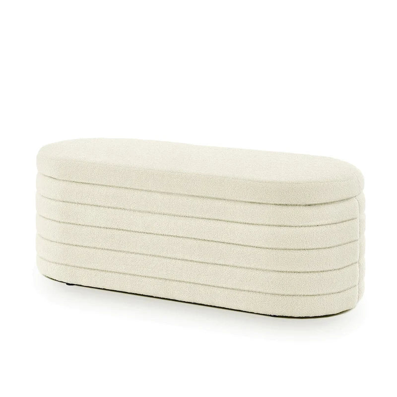 Banc de rangement ottoman ovale moderne, banc de bout de lit rembourré en tissu bouclette Teddy avec rangement, tabouret de bout de lit