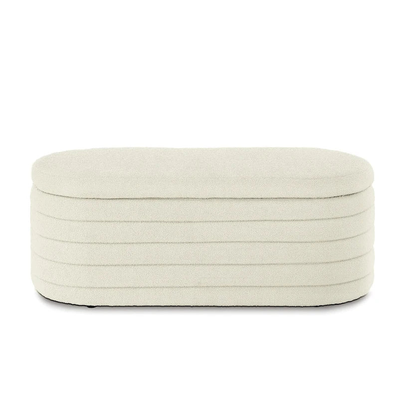 Banc de rangement ottoman ovale moderne, banc de bout de lit rembourré en tissu bouclette Teddy avec rangement, tabouret de bout de lit