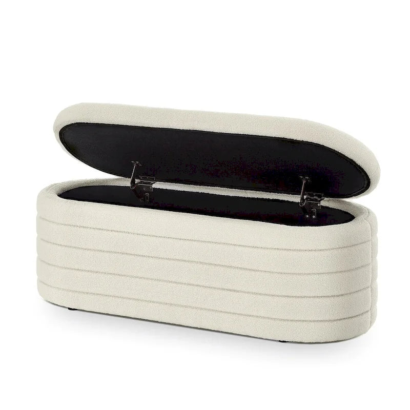 Banc de rangement ottoman ovale moderne, banc de bout de lit rembourré en tissu bouclette Teddy avec rangement, tabouret de bout de lit
