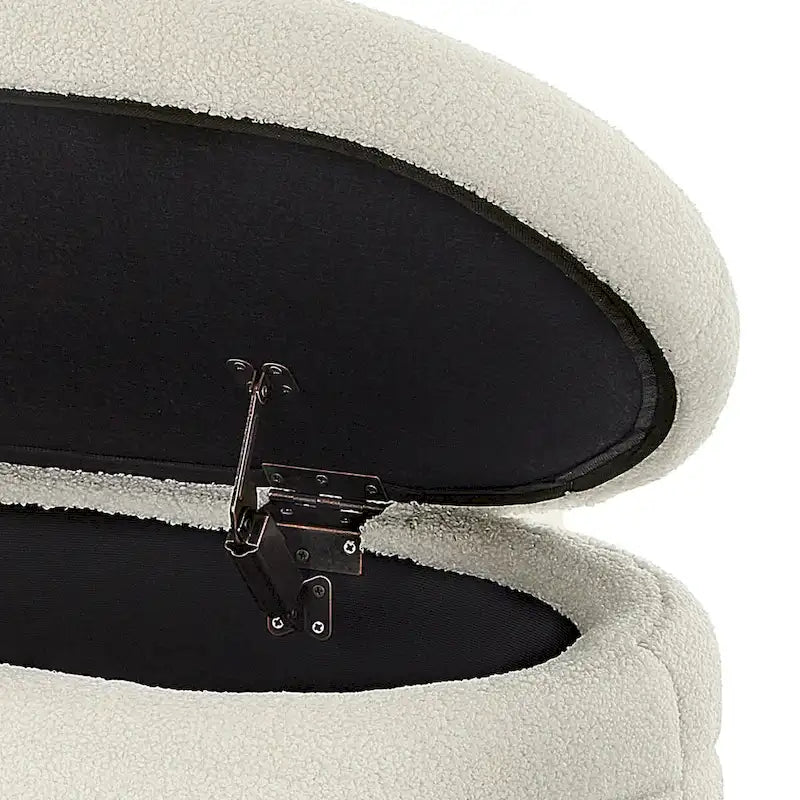 Banc de rangement ottoman ovale moderne, banc de bout de lit rembourré en tissu bouclette Teddy avec rangement, tabouret de bout de lit