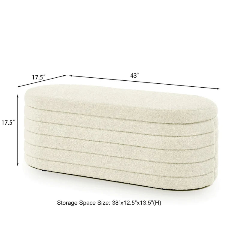Banc de rangement ottoman ovale moderne, banc de bout de lit rembourré en tissu bouclette Teddy avec rangement, tabouret de bout de lit