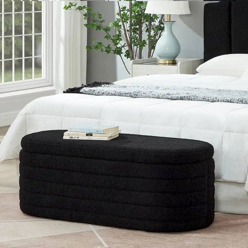 Banc de rangement ottoman ovale moderne, banc de bout de lit rembourré en tissu bouclette Teddy avec rangement, tabouret de bout de lit