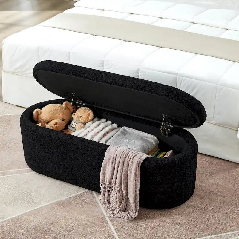Banc de rangement ottoman ovale moderne, banc de bout de lit rembourré en tissu bouclette Teddy avec rangement, tabouret de bout de lit