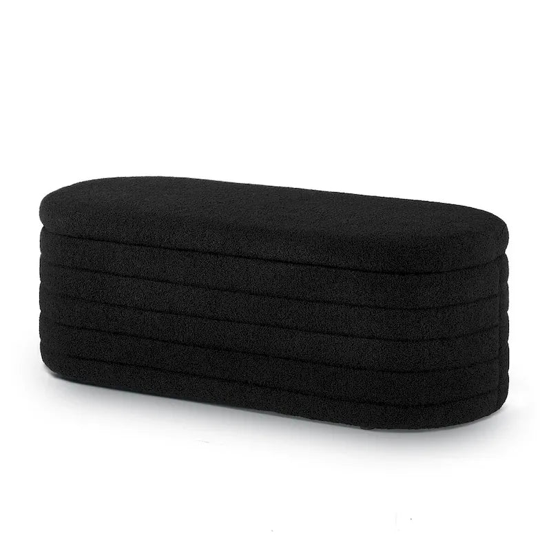 Banc de rangement ottoman ovale moderne, banc de bout de lit rembourré en tissu bouclette Teddy avec rangement, tabouret de bout de lit