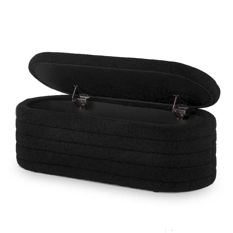 Banc de rangement ottoman ovale moderne, banc de bout de lit rembourré en tissu bouclette Teddy avec rangement, tabouret de bout de lit