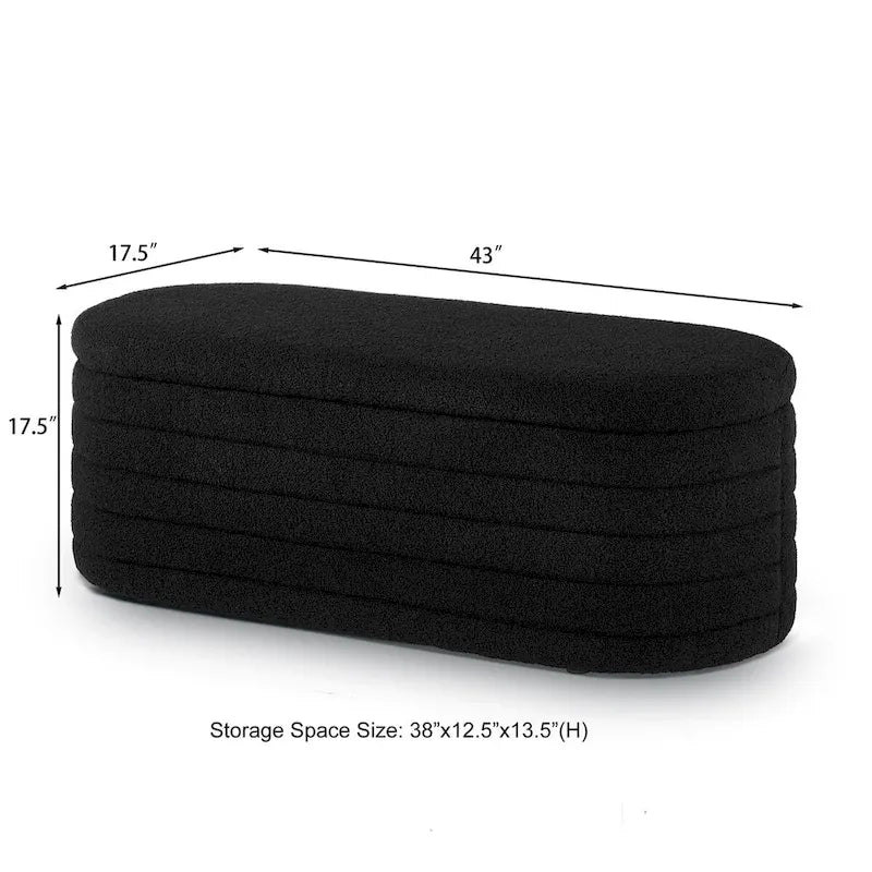 Banc de rangement ottoman ovale moderne, banc de bout de lit rembourré en tissu bouclette Teddy avec rangement, tabouret de bout de lit