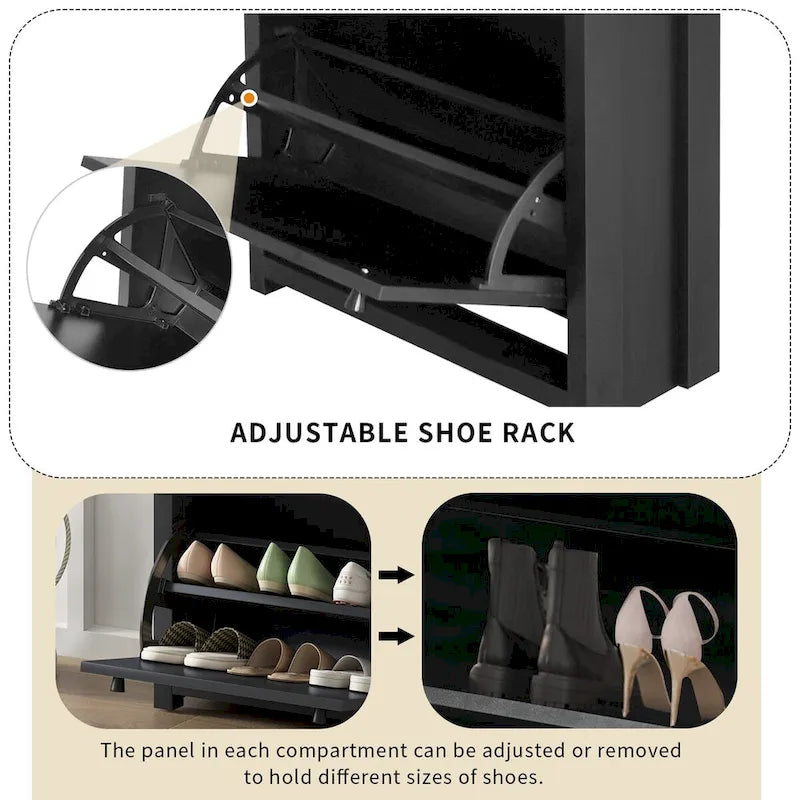 Meuble d'entrée avec 2 tiroirs basculants, meuble à chaussures avec tiroir et plateau imitation bois, porte-chaussures avec panneau réglable