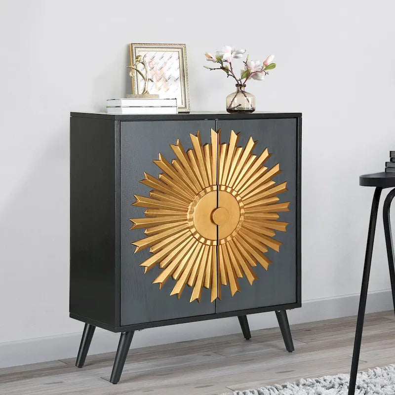 Solid Wood 2-door Sunburst Accent Cabinet Farmhouse Storage Sideboard Cupboard Buffet - W 16.5 x L 31.5 x H 38.5