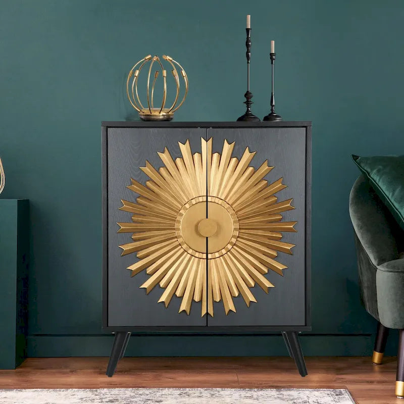 Vaisselier/buffet de rangement de style campagnard en bois massif avec 2 portes et motif soleil - L 80 cm x P 42 cm x H 98 cm
