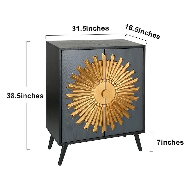 Vaisselier/buffet de rangement de style campagnard en bois massif avec 2 portes et motif soleil - L 80 cm x P 42 cm x H 98 cm