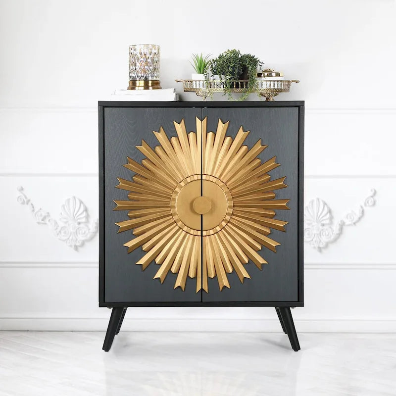 Vaisselier/buffet de rangement de style campagnard en bois massif avec 2 portes et motif soleil - L 80 cm x P 42 cm x H 98 cm