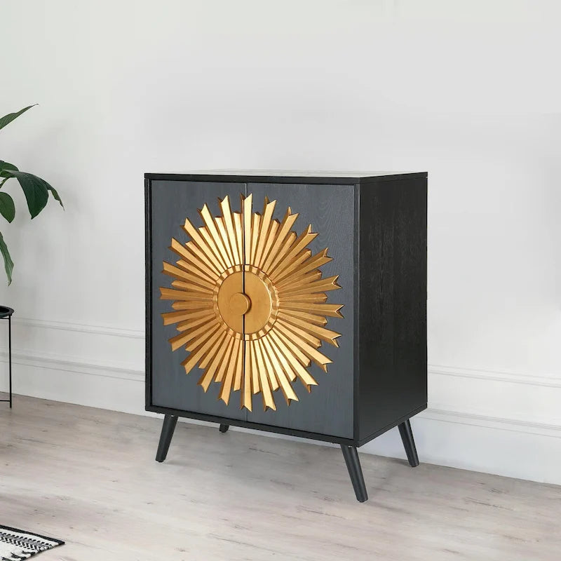 Vaisselier/buffet de rangement de style campagnard en bois massif avec 2 portes et motif soleil - L 80 cm x P 42 cm x H 98 cm