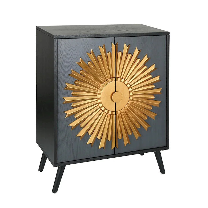Vaisselier/buffet de rangement de style campagnard en bois massif avec 2 portes et motif soleil - L 80 cm x P 42 cm x H 98 cm