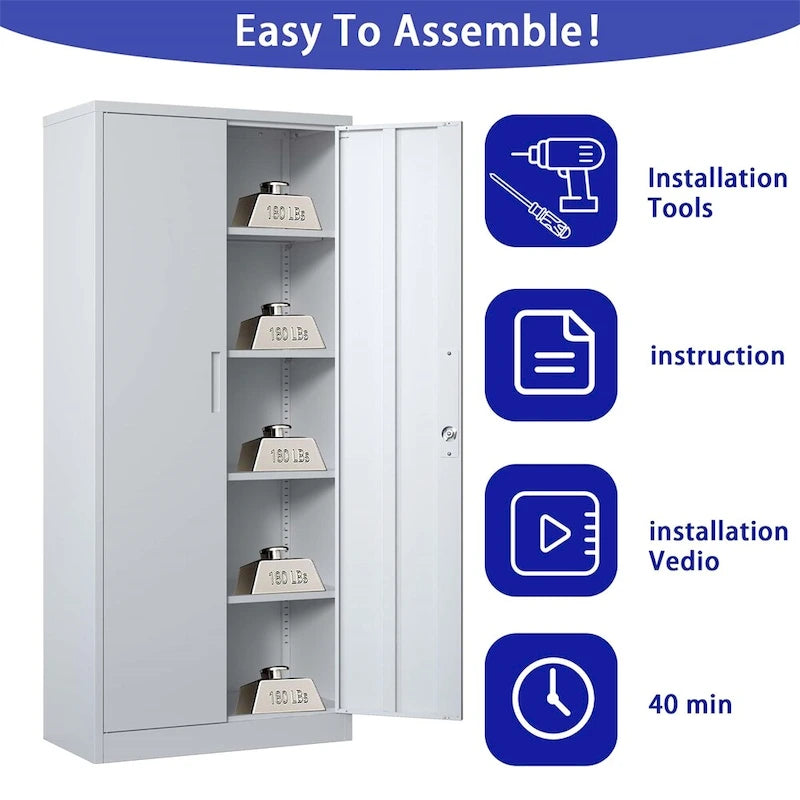 Armoire de rangement métallique verrouillable de 71H avec portes et 4 étagères
